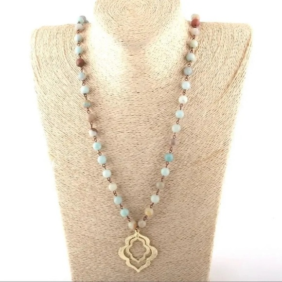 Anthropologie Amazonite Natural Stone Lotus Necklace - Picture 1 of 7